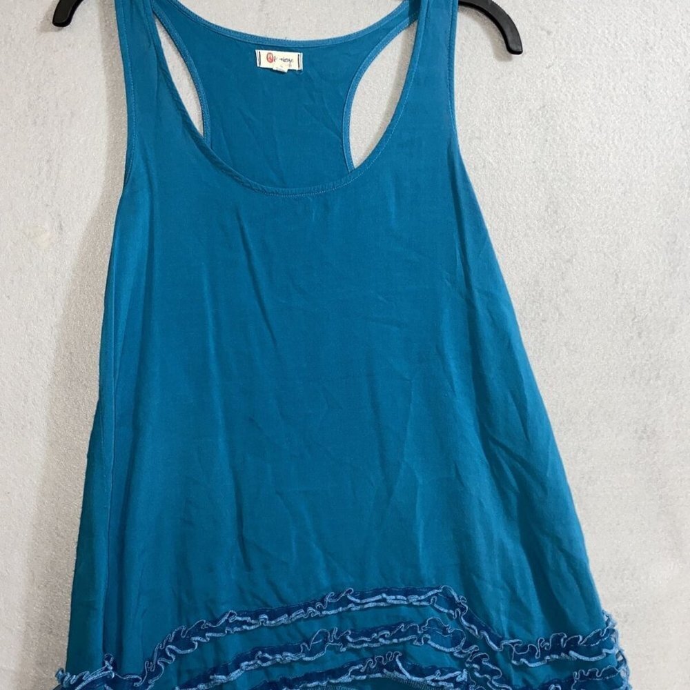 Olsenboye Teal Blue Rayon Ruffled Women's Layered Look Tunic Tank Top Shirt Sz L